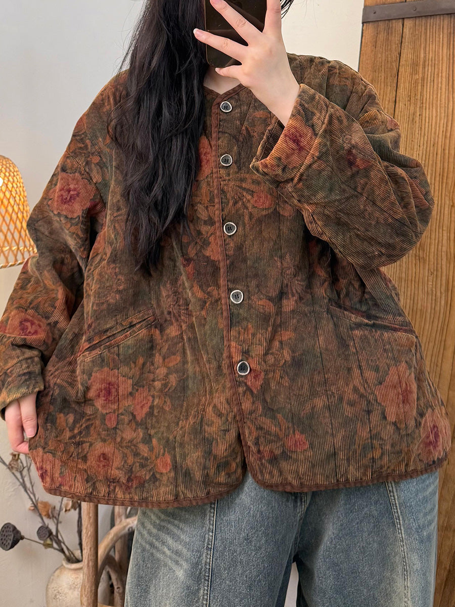 Women Retro Autumn Flower O-Neck Coat