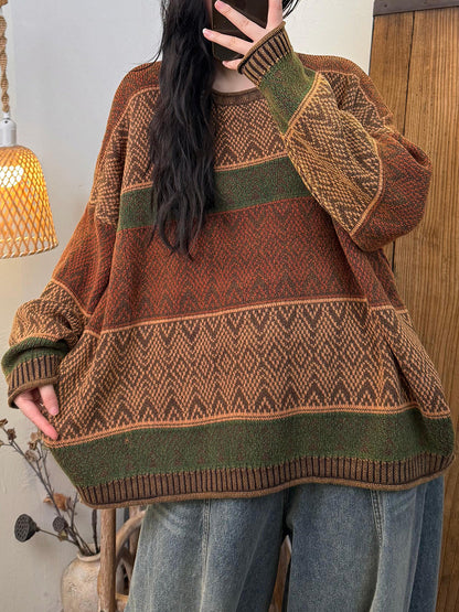 Women Autumn Retro Colorblock Knitted O-Neck Sweater