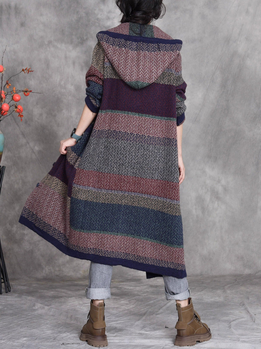 Women Retro Winter Colorblock Knitted Hooded Wool Coat