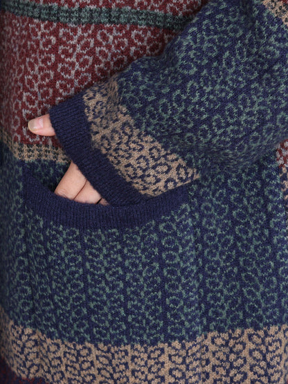Women Retro Winter Colorblock Knitted Hooded Wool Coat
