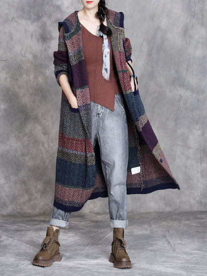 Women Retro Winter Colorblock Knitted Hooded Wool Coat