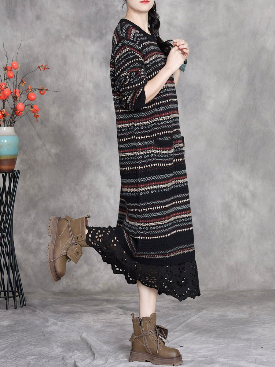 Women Autumn Artsy Stripe O-Neck Spliced Wool Dress