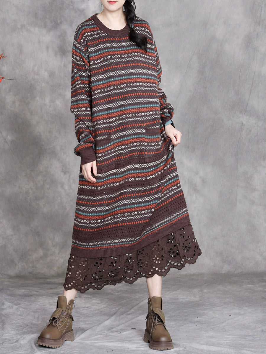 Women Autumn Artsy Stripe O-Neck Spliced Wool Dress
