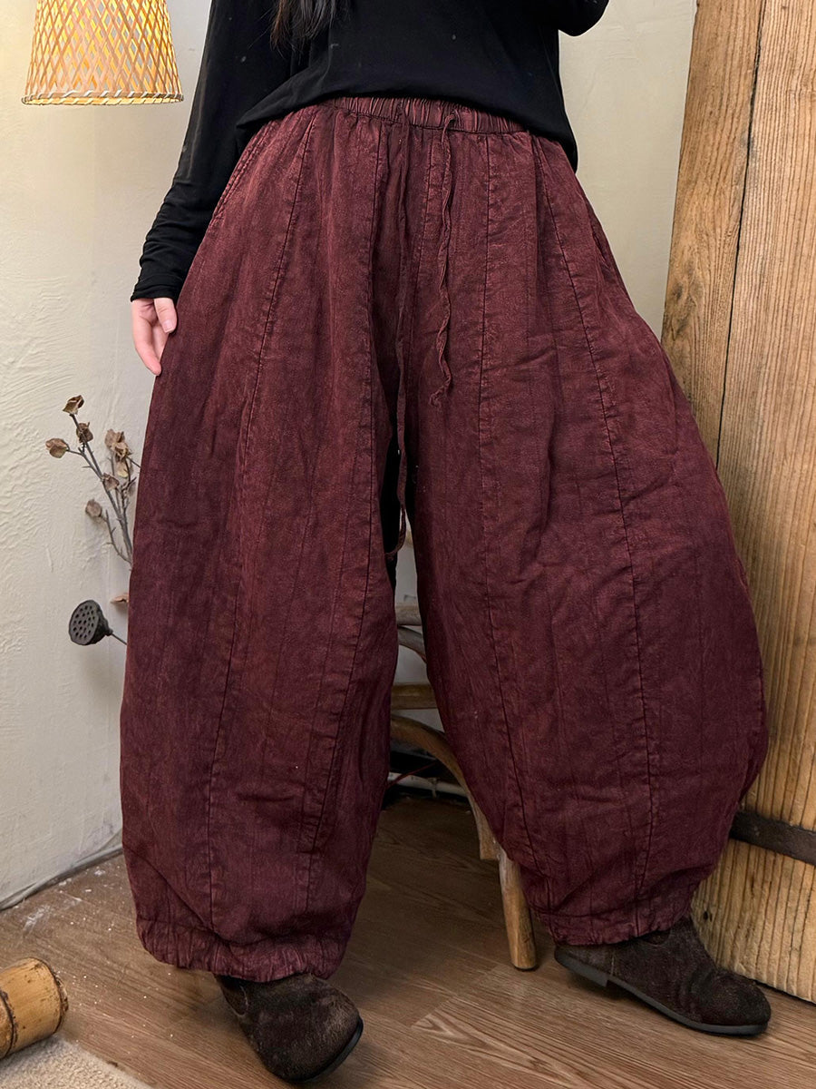 Women Autumn Retro Linen Spliced Harem Padded Pants