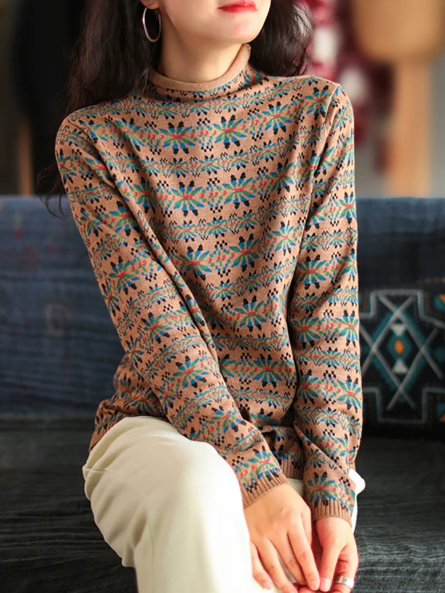 Plus Size Women Vintage Floral Turtleneck Warm Pullover Sweater