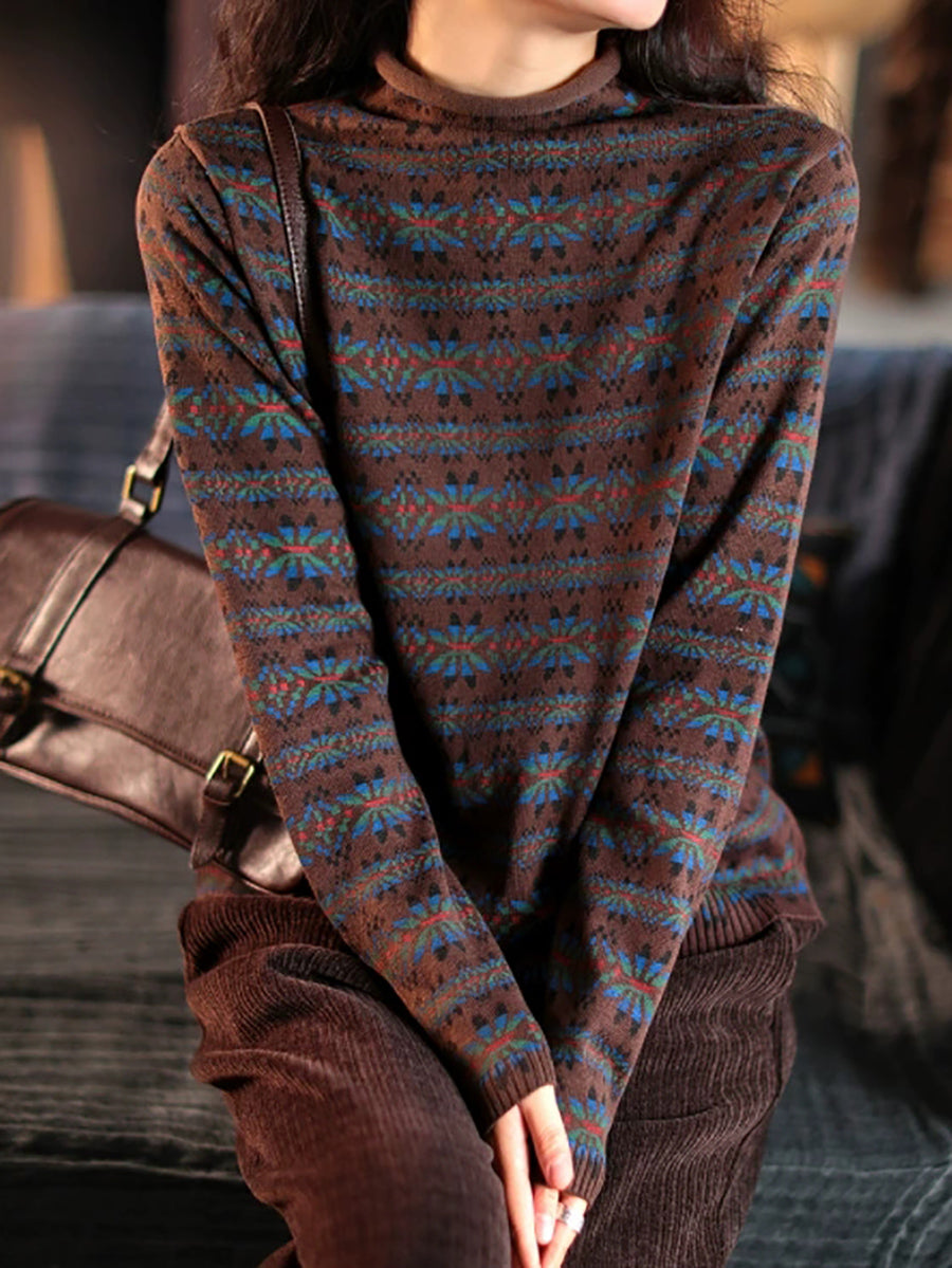 Plus Size Women Vintage Floral Turtleneck Warm Pullover Sweater