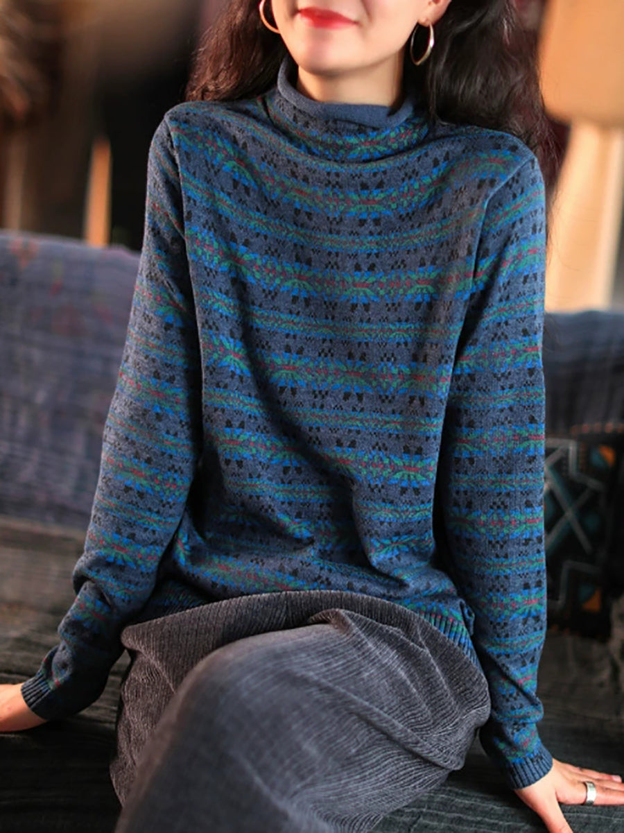 Plus Size Women Vintage Floral Turtleneck Warm Pullover Sweater