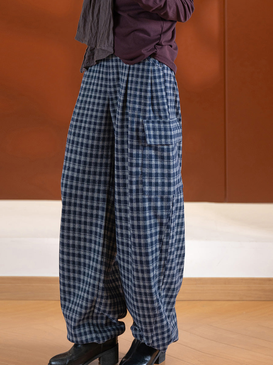 Women Vinage Autumn Plaid Harem Loose Pants