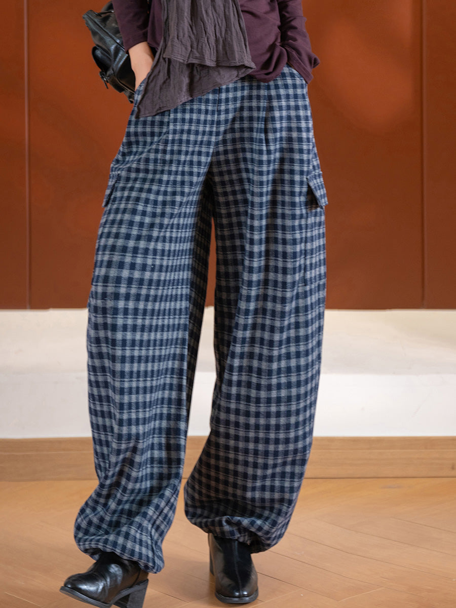 Women Vinage Autumn Plaid Harem Loose Pants