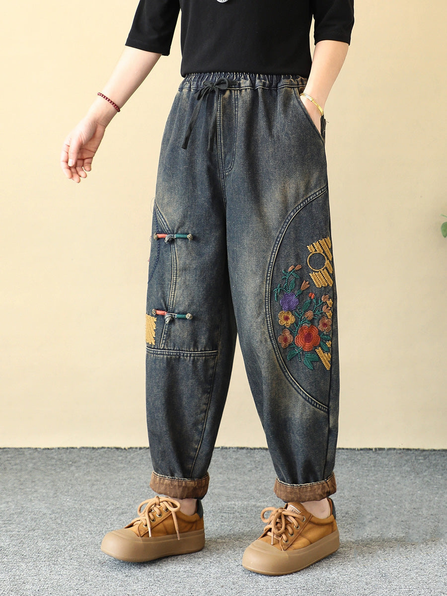Women Winter Flower Embroidery Fleece-lined Harem Pants