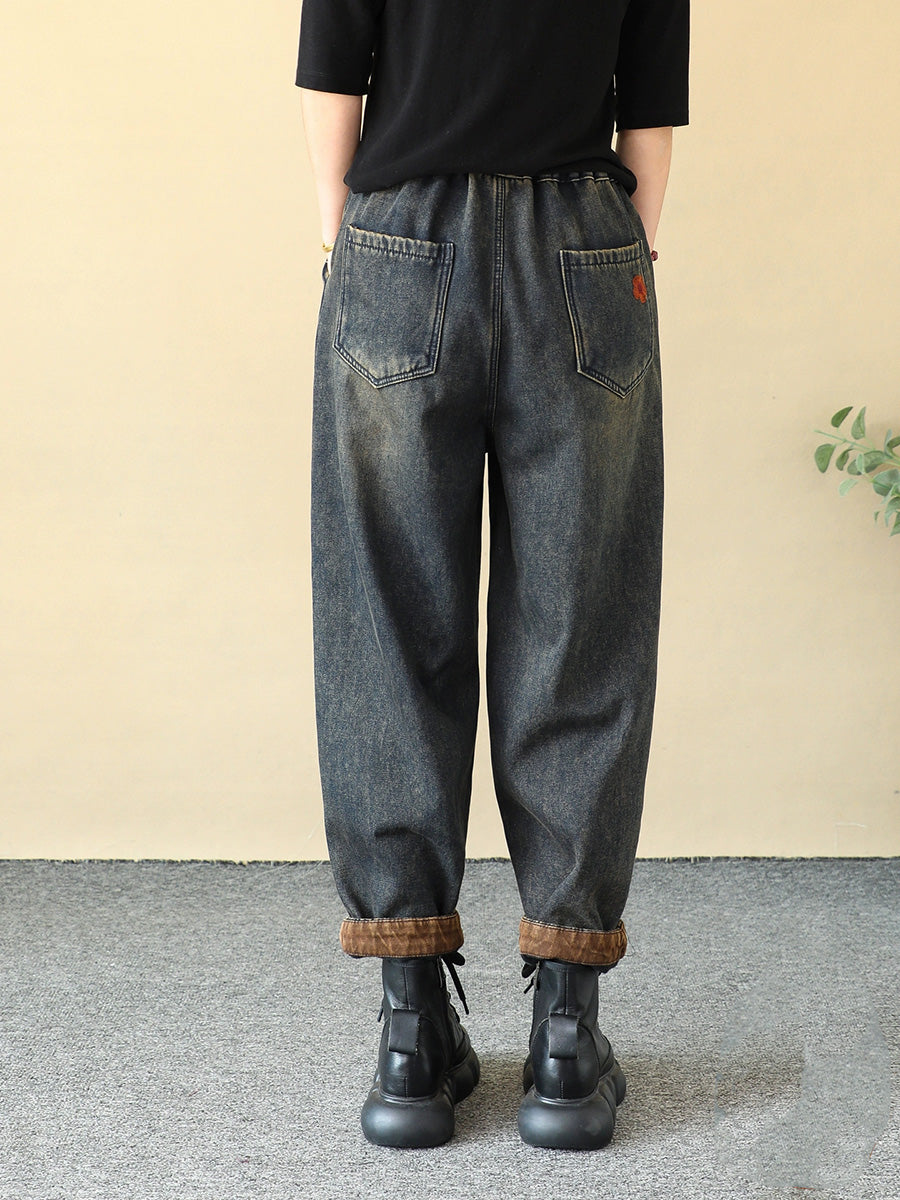 Women Winter Flower Embroidery Fleece-lined Harem Pants