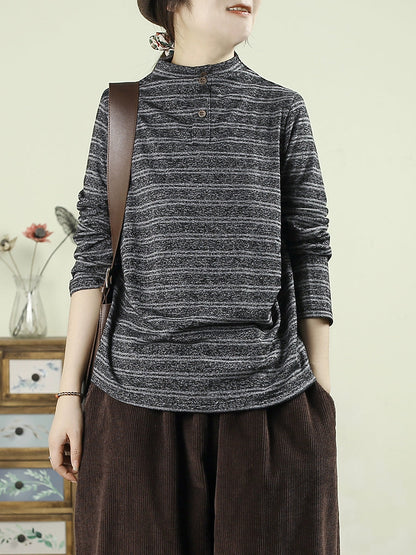 Women Vintage Autumn Stripe Half-turtleneck Cotton Blouse