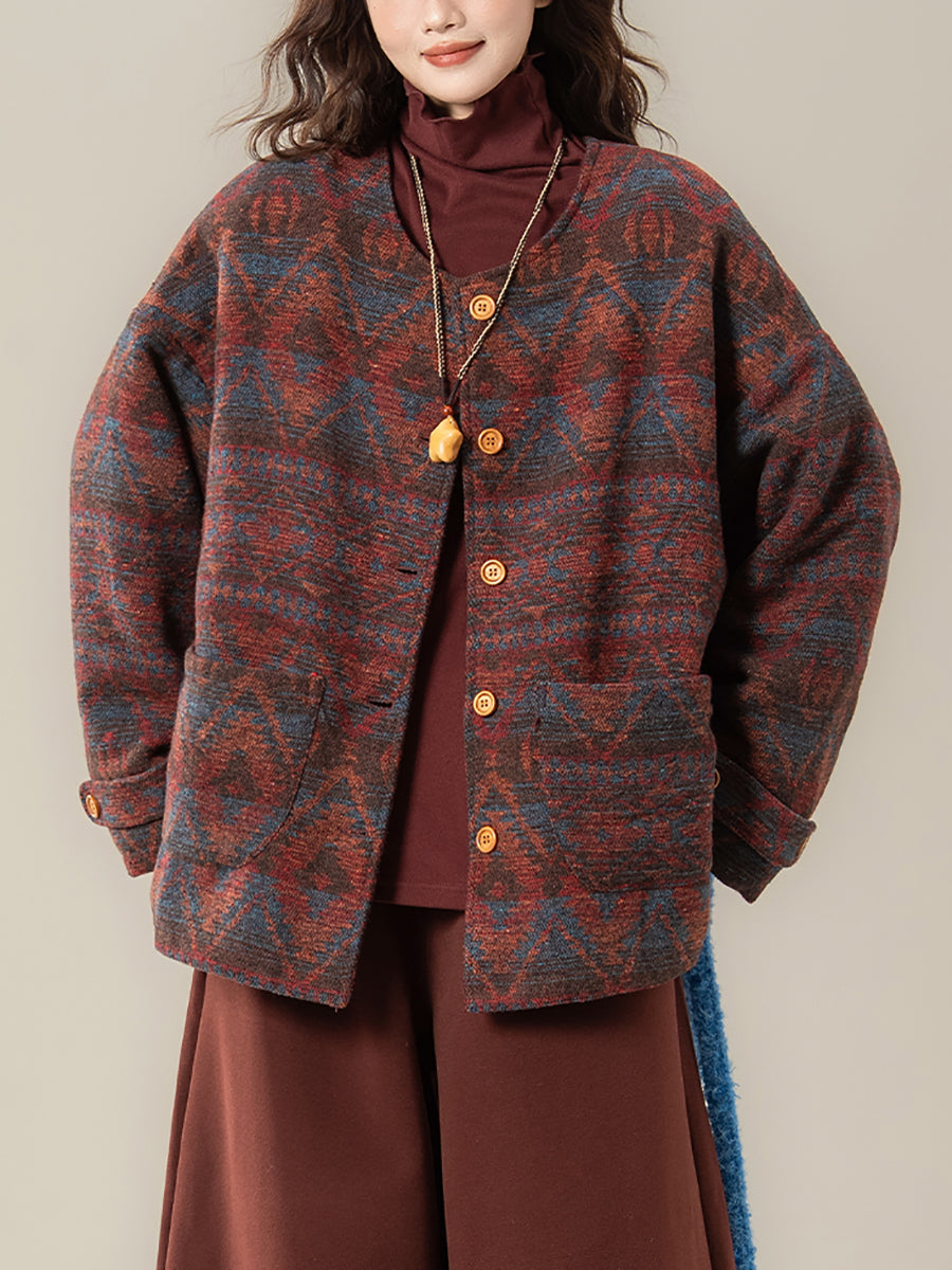 Women Winter Ethnic Print O-Neck Padded Coat