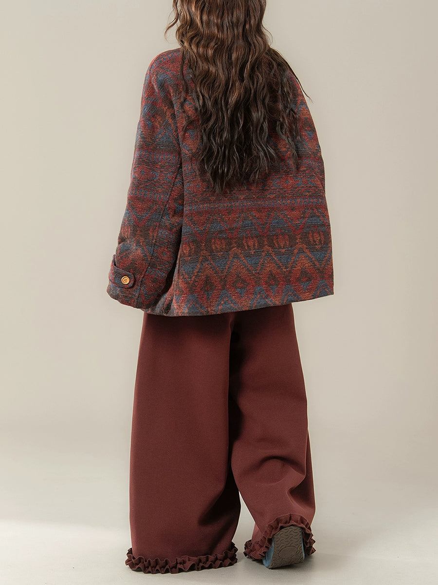 Women Winter Ethnic Print O-Neck Padded Coat