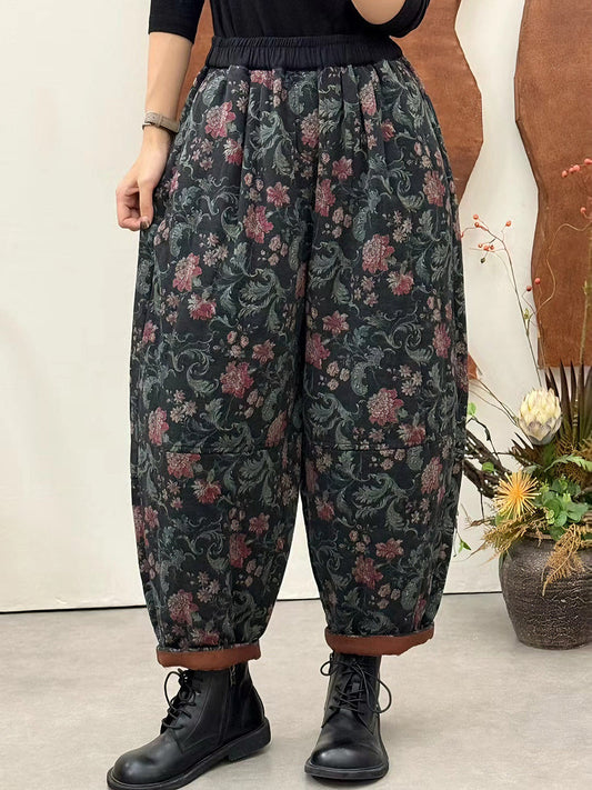 Women Autumn Ethnic Flower Padded Harem Pants