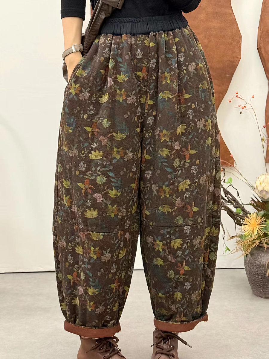 Women Autumn Ethnic Flower Padded Harem Pants
