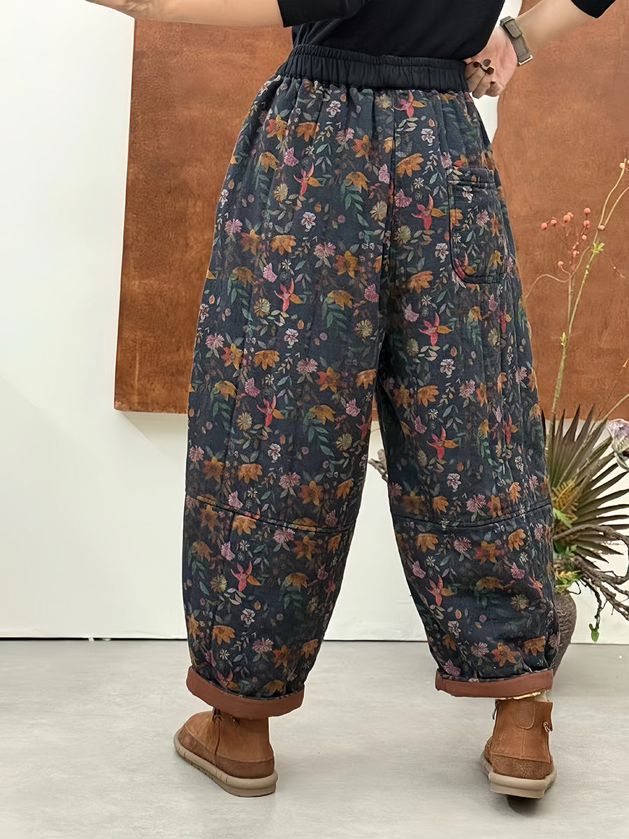 Women Autumn Ethnic Flower Padded Harem Pants