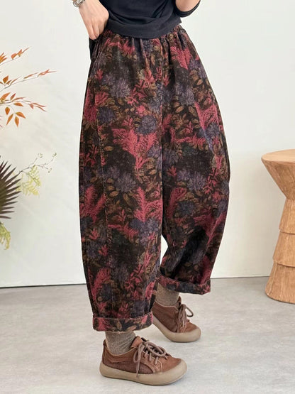 Women Winter Ethnic Flower Corduroy Harem Pants