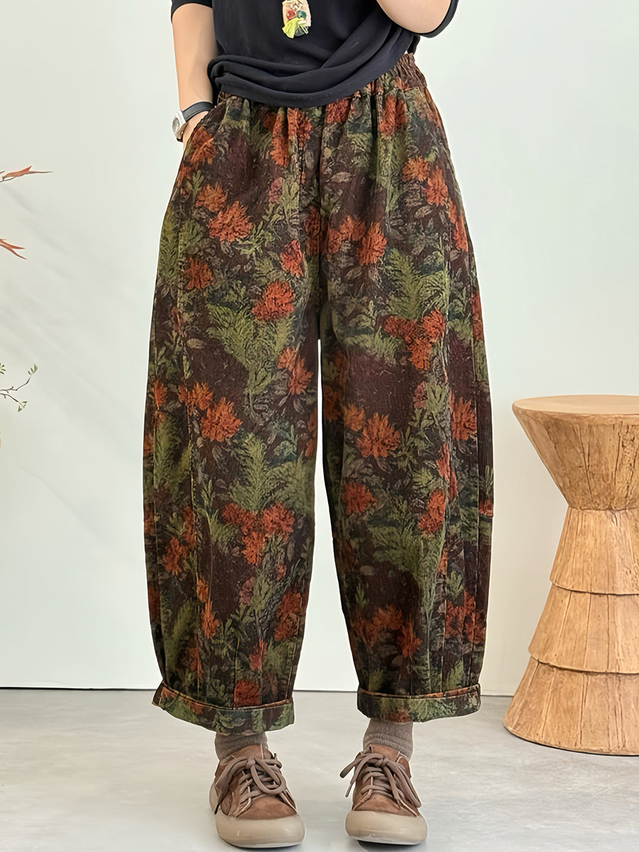 Women Winter Ethnic Flower Corduroy Harem Pants