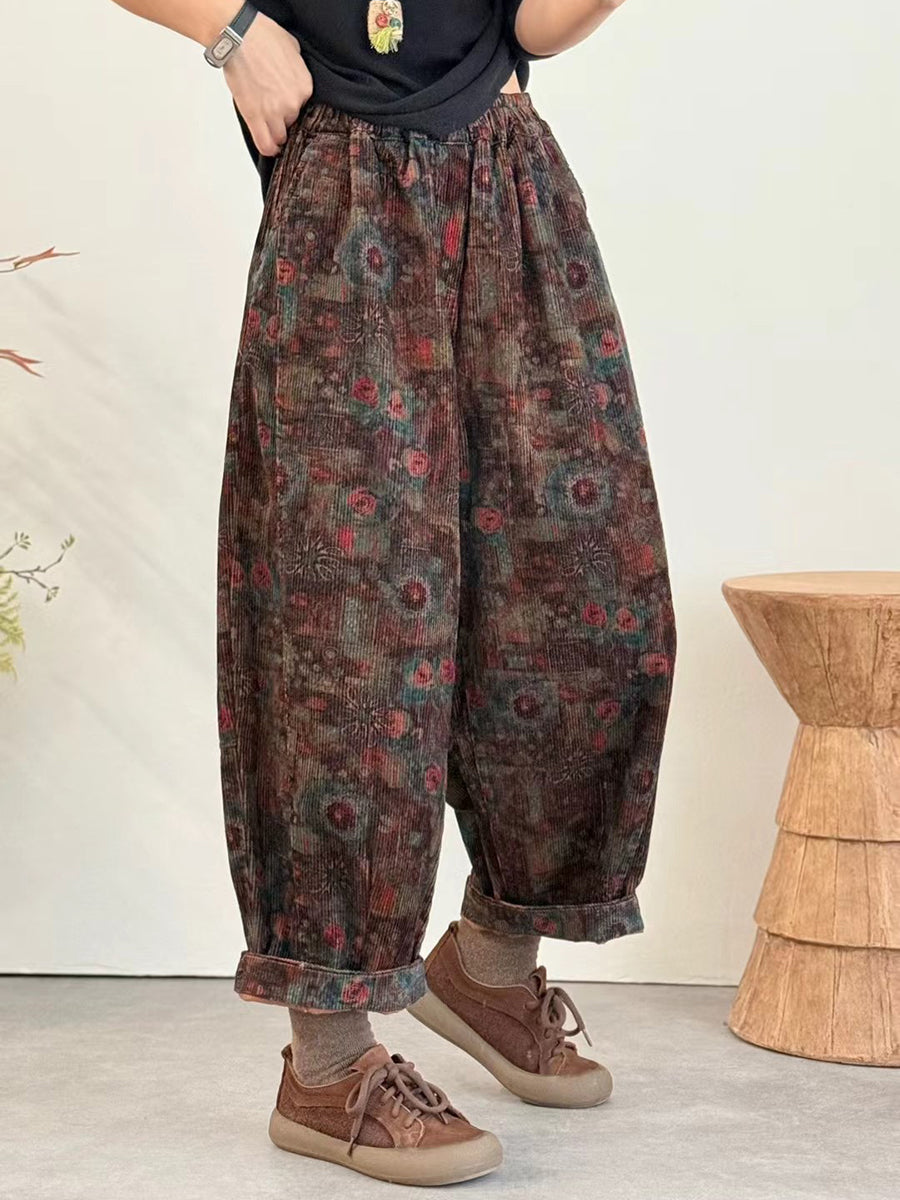 Women Winter Ethnic Flower Corduroy Harem Pants