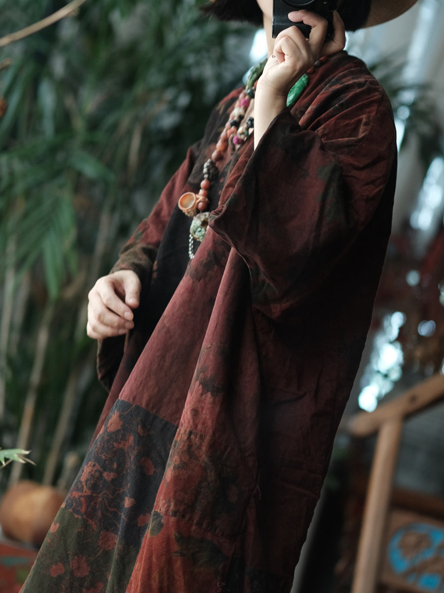 Women Vintage Flower Spliced V-Neck Cotton Blouse