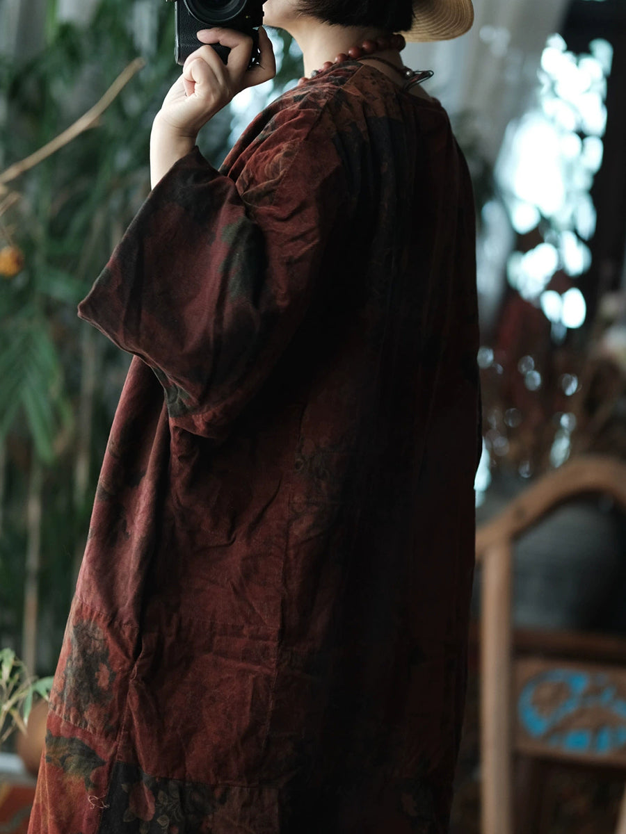 Women Vintage Flower Spliced V-Neck Cotton Blouse