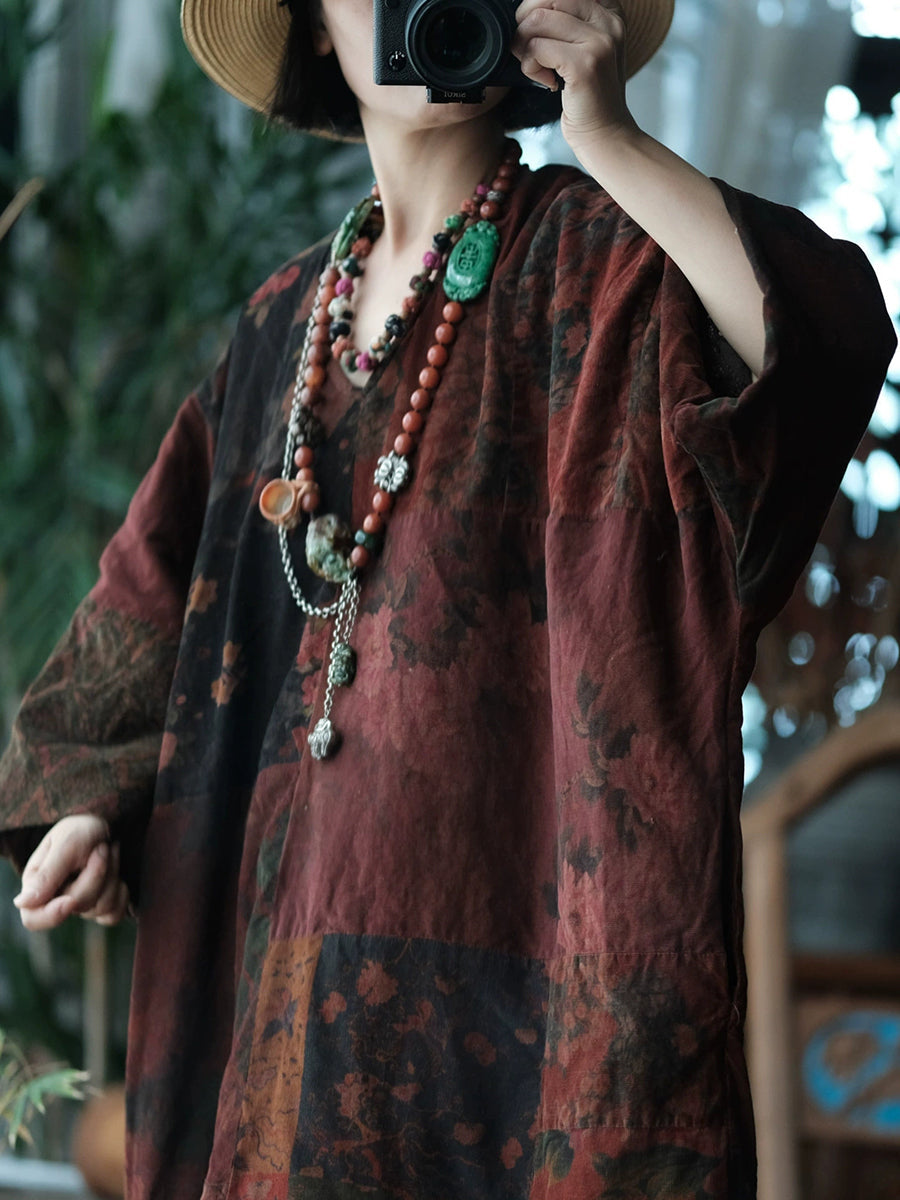 Women Vintage Flower Spliced V-Neck Cotton Blouse