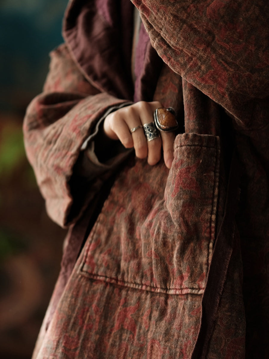 Women Winter Ethnic Print Hooded Cotton Coat