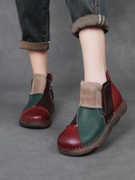 Women Winter Vintage Leather Colorblock Ankle Boots