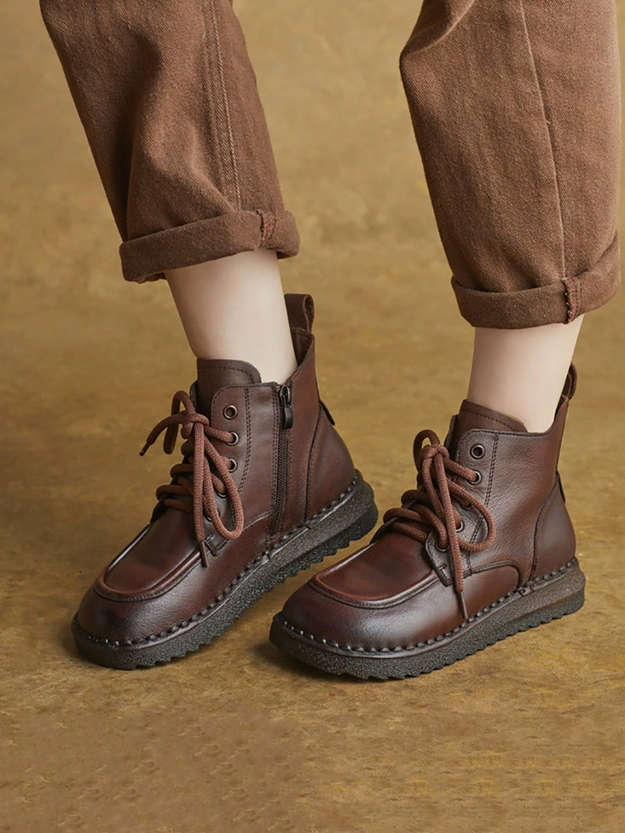 Women Vintage Genuine Leather Spliced Ankle Boots