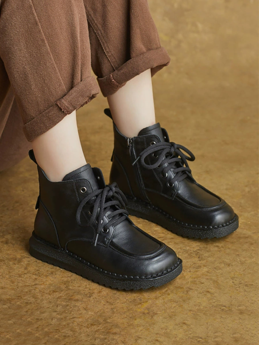 Women Vintage Genuine Leather Spliced Ankle Boots