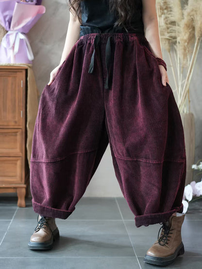 Women Autumn Pure Color Spliced Corduroy Harem Pants