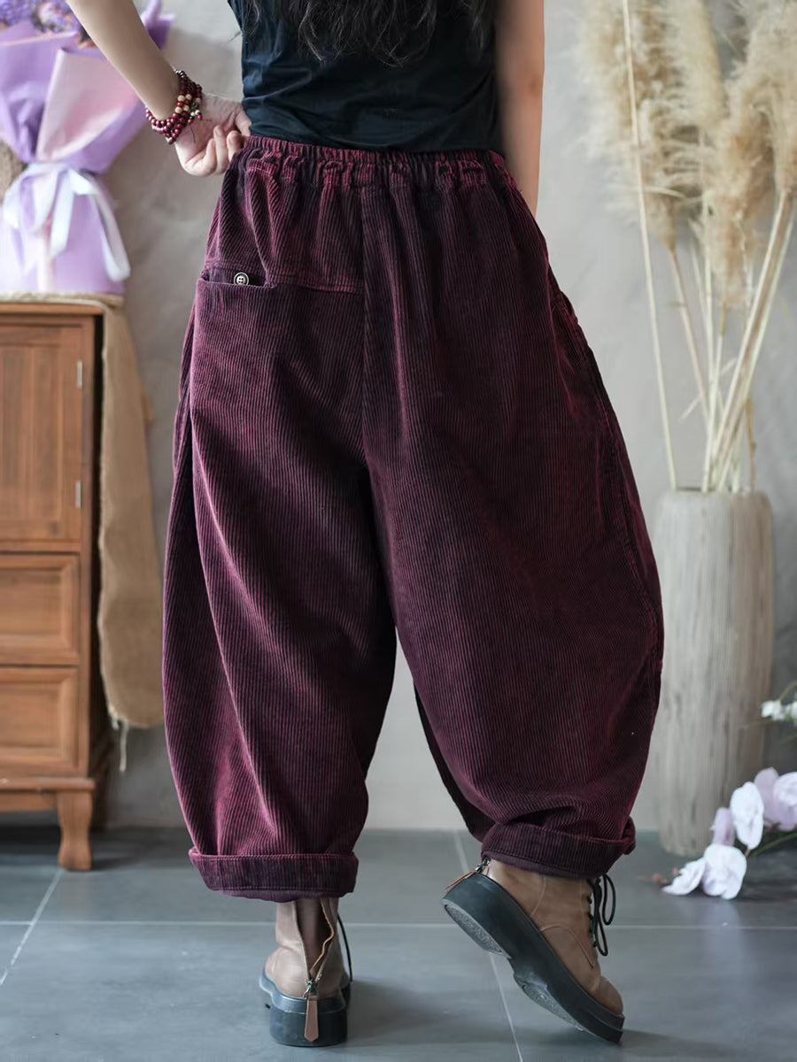 Women Autumn Pure Color Spliced Corduroy Harem Pants