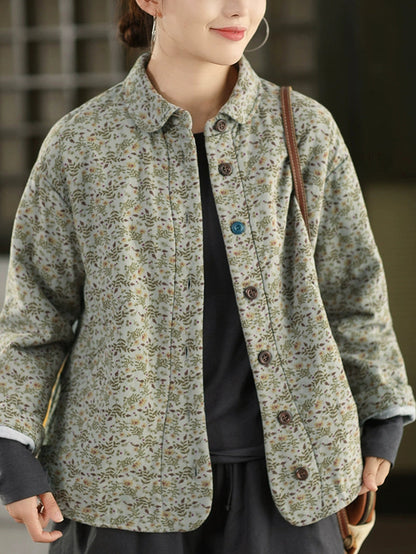 Women Winter Floral 100%Cotton Padded Shirt Coat