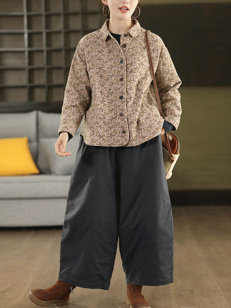 Women Winter Floral 100%Cotton Padded Shirt Coat