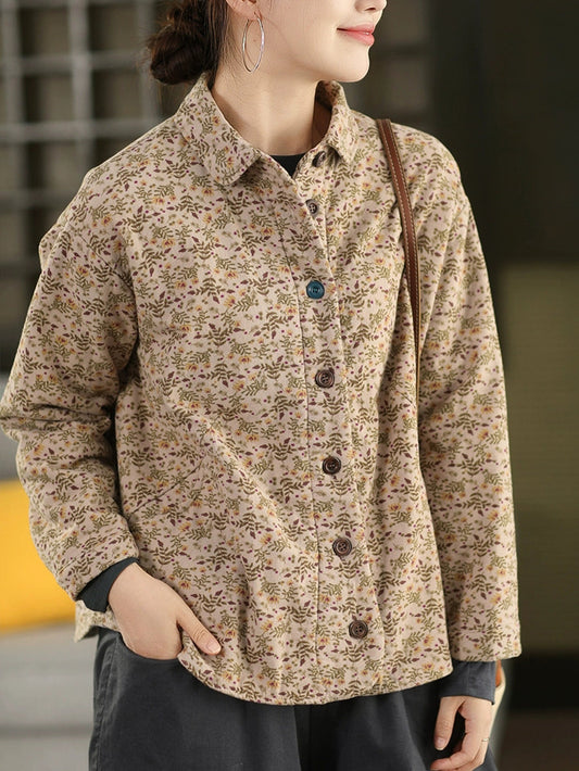Women Winter Floral 100%Cotton Padded Shirt Coat