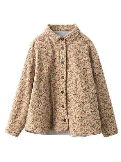 Women Winter Floral 100%Cotton Padded Shirt Coat