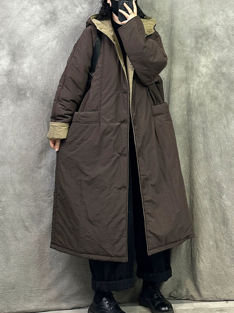 Women Winter Pure Color Dual-side Wearring Hooded Long Coat