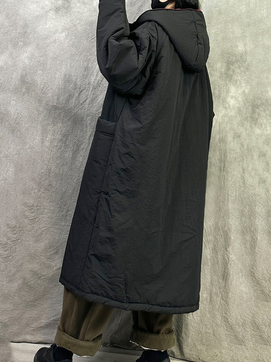 Women Winter Pure Color Dual-side Wearring Hooded Long Coat