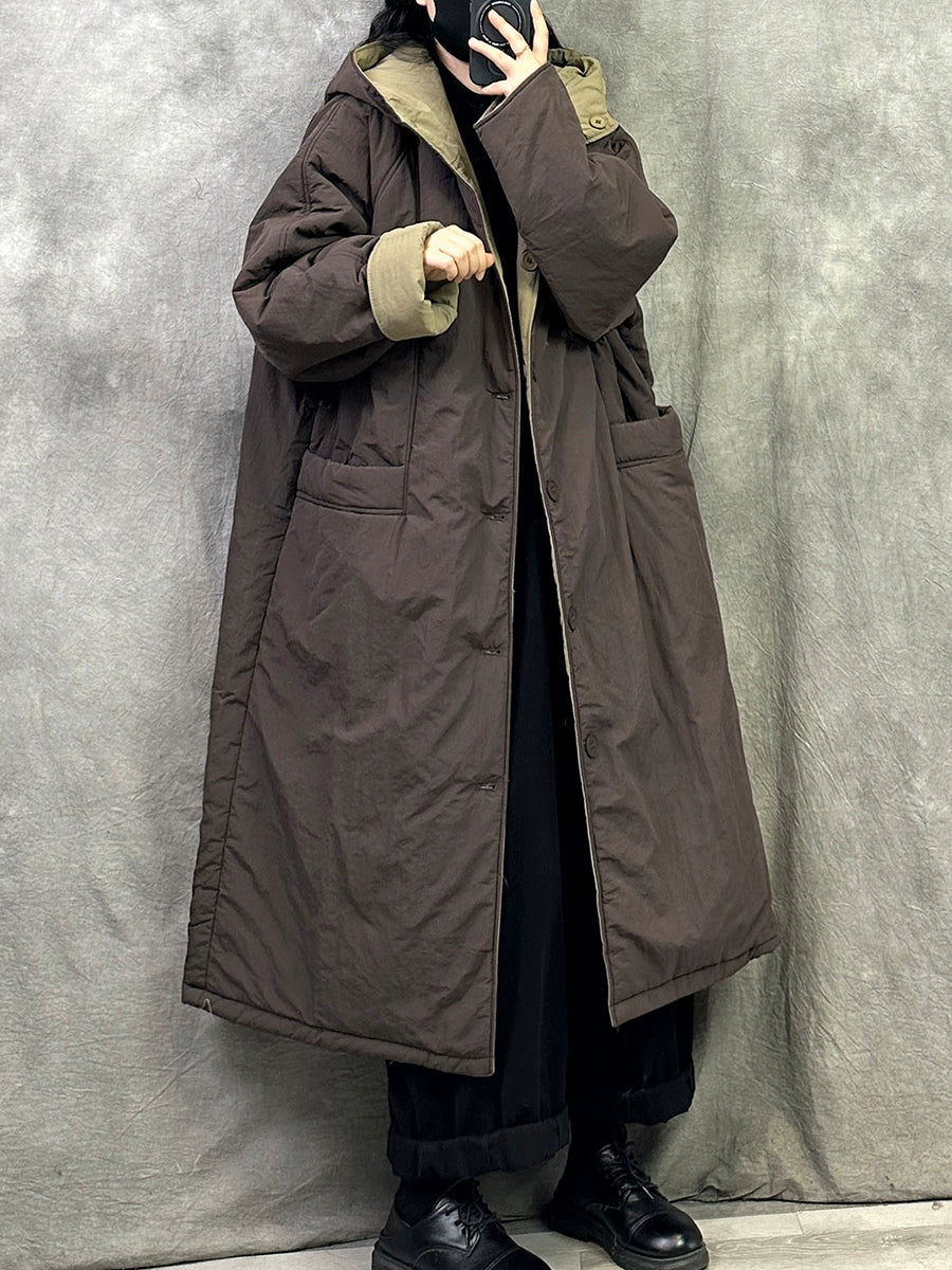 Women Winter Pure Color Dual-side Wearring Hooded Long Coat