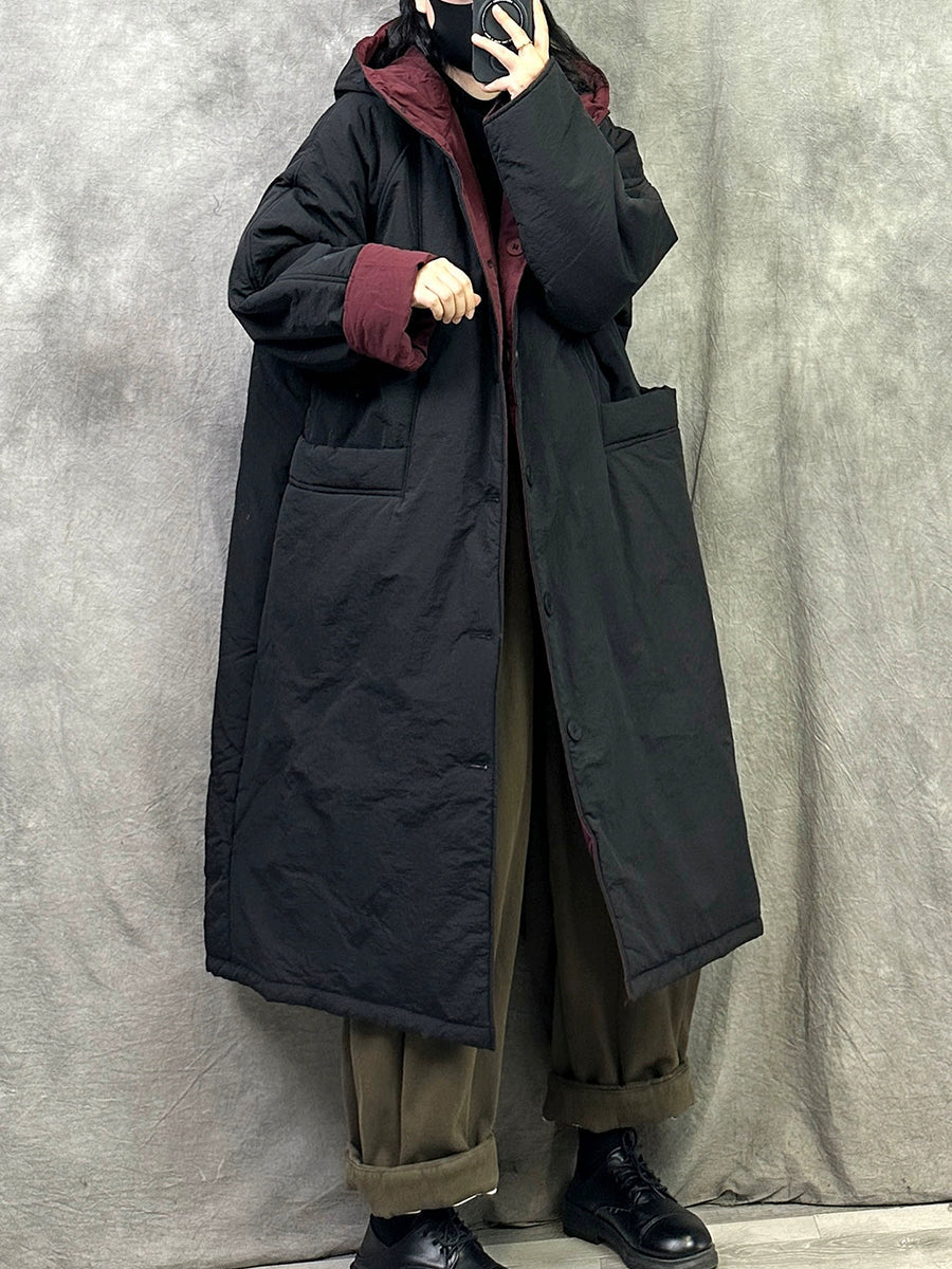 Women Winter Pure Color Dual-side Wearring Hooded Long Coat