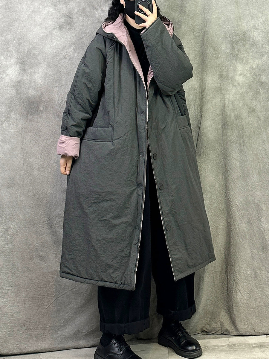 Women Winter Pure Color Dual-side Wearring Hooded Long Coat