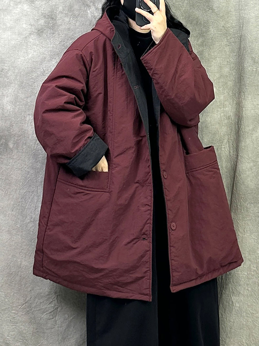 Women Winter Pure Color Dual-side Wearring Hooded Coat