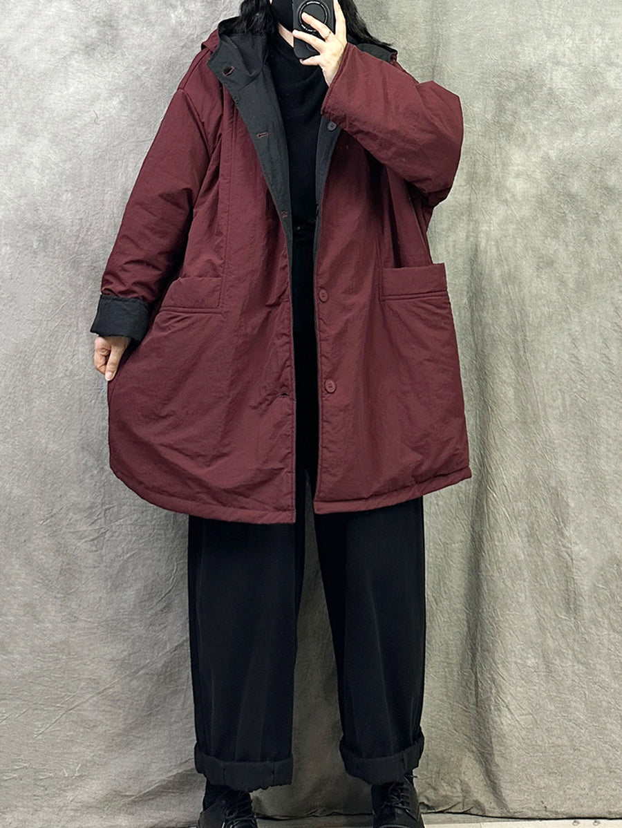 Women Winter Pure Color Dual-side Wearring Hooded Coat