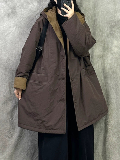 Women Winter Pure Color Dual-side Wearring Hooded Coat