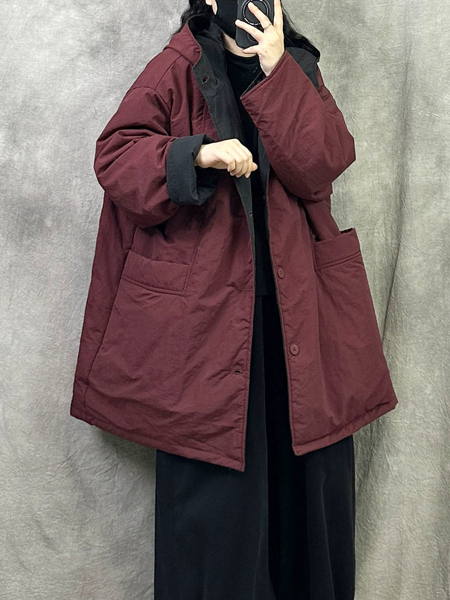 Women Winter Pure Color Dual-side Wearring Hooded Coat