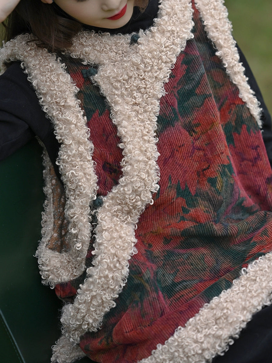 Women Winter Ethnic Flower Corduroy Padded Vest