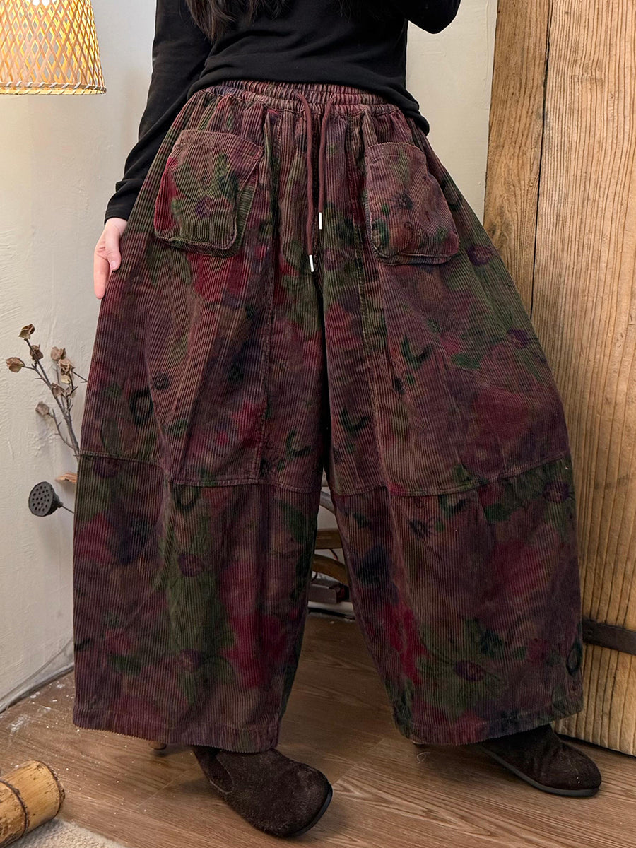 Women Winter Floral Corduroy Spliced Wide-leg Pants