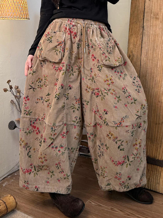 Women Winter Floral Corduroy Spliced Wide-leg Pants