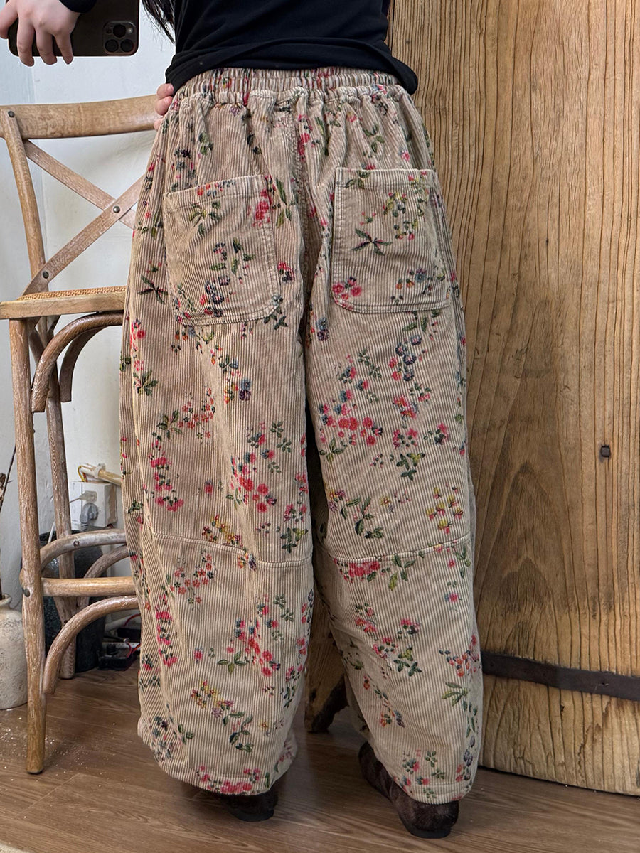 Women Winter Floral Corduroy Spliced Wide-leg Pants